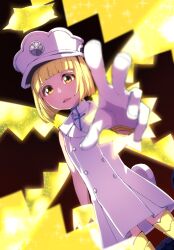  1girl arm_at_side bleach bleach:_sennen_kessen-hen blonde_hair blunt_bangs blunt_ends blurry bob_cut collared_dress commentary cowboy_shot d: depth_of_field dress dutch_angle energy_wings gloves gold_thighhighs halo highres liltotto_lamperd looking_at_viewer open_mouth outdoors reaching reaching_towards_viewer red_sky short_dress short_hair signature simple_background sky sleeveless sleeveless_dress solo sparkle straight_hair tareme thin_(suzuneya) vollstandig white_dress white_gloves yellow_eyes yellow_halo zettai_ryouiki 