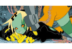  1girl bandaged_fingers bandages bent_over black_hood black_shirt black_undershirt blonde_hair bolt_(hardware) boots chain closed_mouth collar collared_dress colored_skin cool_cool_toon dress expressionless eyelashes forehead full_body green_skin gyoubu_ippei hair_ornament high_collar highres hood hood_up hooded_shirt indoors knee_boots large_hands letterboxed lips looking_at_viewer monster_girl object_through_head official_art orange_collar orange_dress orange_eyes orange_footwear orange_pupils ranke screw_in_head shirt short_dress short_hair simple_background sketch snk solo stitched_face stitched_leg stitches tachi-e third-party_source toon_(style) white_lips 