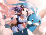 1girl altaria anpolly aviator_goggles aviator_hat aviator_helmet bird breasts choker cleavage clouds collar feather female flying goggles goggles_on_head gym_leader helmet large_breasts light long_hair nagi_(pokemon) outstretched_arm outstretched_arms pokemon pokemon_(creature) pokemon_(game) purple_hair riding sitting sky smile source_request sunlight sunrise sunset violet_eyes 