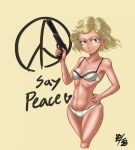  1girl blonde_hair bra breasts green_eyes heart looking_at_viewer metal_gear_(series) metal_gear_solid metal_gear_solid_peace_walker panties paz_ortega_andrade peace_symbol pistol short_hair simple_background underwear 