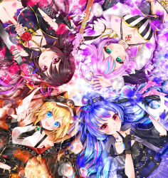  4girls absurdres angel angel_wings animal_hood asymmetrical_wings black_wings blonde_hair blue_hair cat_hood crop_top electric_guitar feathered_wings fingerless_gloves flower gloves guitar hair_ribbon halo halterneck highres hood instrument kasumi_(shironeko_project) luca_(shironeko_project) marl_(shironeko_project) mayu_(sh-n-9) microphone mismatched_wings multicolored_hair multiple_girls navel necktie noa_(shironeko_project) official_alternate_costume ponytail purple_hair ribbon rose shironeko_project side_ponytail star-shaped_pupils star_(symbol) symbol-shaped_pupils white_wings wings 