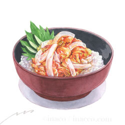  artist_name bowl commentary_request food food_focus inaco kimchi no_humans original painting_(medium) rice signature simple_background squid still_life traditional_media watercolor_(medium) white_background 