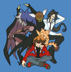  1other 2boys ^_^ absurdres black_shirt brown_eyes buib_(mekako_chan) closed_eyes daitokuji demon_wings duel_academy_uniform_(yu-gi-oh!_gx) duel_monster full_body glasses hair_between_eyes highres jacket long_hair long_sleeves loose_necktie multicolored_hair multiple_boys necktie pants pharaoh_(cat) profile red_jacket scratching_head shirt short_hair simple_background sitting split-color_hair two-tone_hair winged_kuriboh wings yu-gi-oh! yu-gi-oh!_gx yubel yuki_judai 