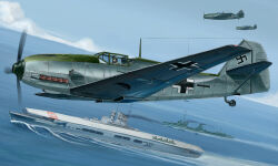  1boy aircraft aircraft_carrier airplane balkenkreuz cross dutch_angle flying graf_zeppelin_(aircraft_carrier) kcme kriegsmarine luftwaffe military military_vehicle ocean original ship swastika vehicle_focus warship watercraft world_war_ii 