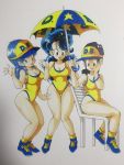  3girls 80s bare_legs bare_shoulders blonde_hair breasts bulma chi-chi_(dragon_ball) dragon_ball female figure large_breasts legs long_hair lunch_(dragon_ball) multiple_girls one-piece_swimsuit photo shoes short_shorts shorts smile swimsuit traditional_media 
