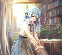  1girl :3 absurdres bang_dream! bang_dream!_it&#039;s_mygo!!!!! black_ribbon blue_hair blush bookshelf braid brown_eyes chinese_commentary closed_mouth commentary_request grey_skirt hair_ribbon highres huijin indoors long_hair long_sleeves looking_at_viewer neck_ribbon notebook plant potted_plant ribbon shirt shirt_tucked_in sidelocks skirt solo togawa_sakiko white_shirt window 