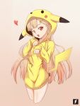  1girl braid despair_wing eyebrows full_body hair_ornament heart hoodie kantai_collection long_hair long_sleeves looking_at_viewer nintendo open_mouth pikachu pokemon shiny shiny_hair simple_background solo standing tail yuudachi_(kantai_collection) 