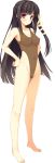  1girl ankles bangs barefoot black_hair blush feet full_body hair_ribbon hands_on_hips highleg_leotard leotard long_hair looking_at_viewer navel orange_eyes ribbon simple_background solo standing toes white_background yellow_ribbon 