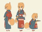  1girl artist_request dog female flat_color full_body furry japanese_clothes multiple_views open_mouth short_hair simple_background 
