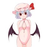  1girl arms_behind_back bat_wings blue_hair bow cropped_legs fang hat looking_at_viewer pink_hat pink_swimsuit red_bow red_eyes remilia_scarlet short_hair simple_background smile solo standing swimsuit touhou transparent_background wings 