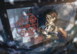  1girl absurdres black-framed_eyewear black_eyes black_hair chinese_paper-cut coat collared_dress cross_tie dress from_above from_outside glasses grey_coat highres holding holding_scissors looking_at_viewer looking_outside mangxia_xiang_chi_mangguo medium_hair papercutting reverse:1999 scissors semi-rimless_eyewear smile snowing solo under-rim_eyewear upper_body white_dress window z_(reverse:1999) 