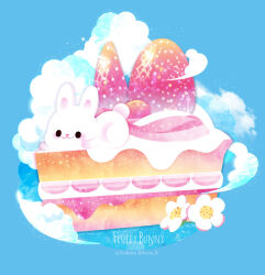  :3 artist_name black_eyes blue_background blush_stickers cake cake_slice cherry closed_mouth clouds commentary_request english_text flower food food_focus fruit icing light_particles no_humans on_food original rabbit smile solid_oval_eyes sparkle strawberry strawberry_shortcake strawberry_slice subaru_(jack) white_flower 