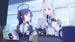  2girls black_gloves black_halo black_jacket blue_archive blue_eyes blue_hair blue_necktie blue_sky clouds cup day gloves halo headgear highres holding holding_paper indoors jacket long_hair looking_at_another mechanical_halo mikan_battery multiple_girls necktie noa_(blue_archive) open_mouth paper sitting sky standing violet_eyes white_halo white_jacket window yuuka_(blue_archive) 