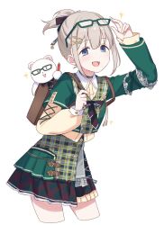  1girl :d adjusting_eyewear backpack bag blue_eyes blush choker contrapposto cropped_legs cropped_shirt dot_nose eyewear_on_head finger_on_eyewear glasses green-framed_eyewear green_choker green_shirt green_skirt grey_hair hair_ornament hairpin half-skirt highres idolmaster idolmaster_shiny_colors layered_shirt layered_skirt legs_apart long_sleeves looking_at_viewer open_mouth plaid_clothes plaid_shirt plaid_skirt red_skirt rgst_(ramgester) school_uniform serizawa_asahi shirt short_hair short_ponytail short_sleeves simple_background skirt sleeve_cuffs smile solo sparkle two-tone_skirt white_background 