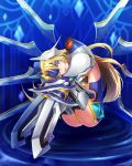  1girl arc_system_works armor ass blazblue blonde_hair blue_eyes breasts forehead_protector headgear leg_hug long_hair looking_at_viewer mecha_musume mu-12 parted_lips shiny shiny_hair shiny_skin smile solo 
