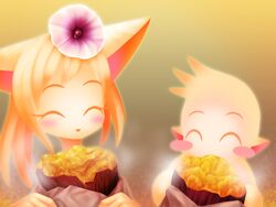  1boy 1girl cat closed_eyes flower furry gradient gradient_background monkey notaka plant short_hair upper_body 