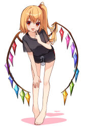  1girl absurdres barefoot bent_over black_shorts blonde_hair crystal feet finger_to_cheek flandre_scarlet full_body girly_pose hand_on_own_knee highres legs looking_at_viewer multicolored_wings one_side_up ponytail red_eyes red_nails see-through see-through_sleeves shirt shorts side_ponytail solo teasing tongue tongue_out touhou wings yuineko 