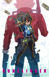  2boys 2girls absurdres aiming aiming_at_viewer belle_(zenless_zone_zero) billy_kid black_gloves black_hair black_pants blue_jacket breasts checkered_necktie cover dbes drop_shadow dual_wielding fake_cover full_body gloves gun high-waist_pants highres holding holding_gun holding_weapon holster jacket large_breasts looking_at_viewer metal_hairband multicolored_hair multiple_boys multiple_girls necktie pants police police_uniform policewoman red_eyes red_jacket redhead shell_casing shoulder_holster streaked_hair tight_clothes tight_pants uniform weapon white_background wise_(zenless_zone_zero) zenless_zone_zero zhu_yuan 