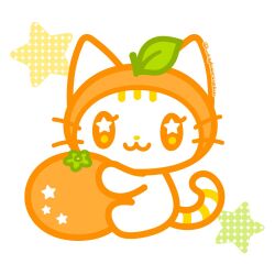  :3 animal animal_focus cat commentary cyberneko food food-themed_hat fruit leaf looking_at_viewer no_humans orange_(fruit) original simple_background sitting smile star_(symbol) symbol-only_commentary tail whiskers white_background 