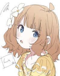  1girl :o absurdres ahoge blue_eyes blush brown_hair collarbone commentary_request dot_nose dress eyelashes floral_print flower hair_flower hair_ornament highres idolmaster idolmaster_million_live! long_sleeves looking_at_viewer medium_hair meeeeeeco359 print_dress sidelocks solo squiggle suou_momoko sweat upper_body wavy_hair white_background yellow_dress 