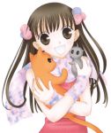  1girl arm_warmers brown_eyes brown_hair cat fruits_basket honda_tooru mouse smile souma_kyou souma_yuki takaya_natsuki 