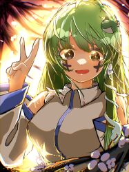  1girl absurdres backlighting blush branch breasts collared_shirt commentary_request cookie_(touhou) cross detached_sleeves facepaint frog_hair_ornament green_eyes green_hair hair_ornament highres kochiya_sanae large_breasts long_hair looking_at_viewer medium_bangs open_mouth paseri_(cookie) shirt single_hair_tube single_sidelock sleeveless sleeveless_shirt smile snake_hair_ornament solo sun_kajitsu touhou tree upper_body v white_shirt white_sleeves yellow_background 