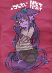  1girl artist_request brown_eyes cat female flower full_body furry grin pain plant purple_hair skirt solo tears 