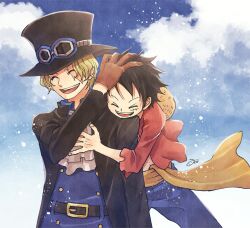  2boys ^_^ aco_peda ascot belt black_coat black_hair blonde_hair blue_shorts brothers brown_gloves closed_eyes clouds coat commentary_request gloves goggles goggles_on_headwear hat headpat hug hug_from_behind male_focus monkey_d._luffy multiple_boys one_piece red_shirt sabo_(one_piece) sash scar scar_on_face shirt short_hair shorts siblings signature sky smile top_hat white_ascot yellow_sash 