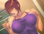  1girl breasts brown_hair homare_(fool&#039;s_art) large_breasts short_hair skin_tight solo 