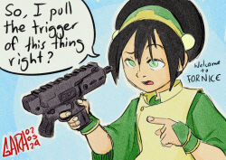  1girl anachronism avatar:_the_last_airbender avatar_legends black_hair blue_background commentary dated english_commentary finger_on_trigger garabato green_eyes green_hairband gun hairband holding holding_gun holding_weapon imminent_death pointing raised_eyebrow signature solo submachine_gun toph_bei_fong upper_body weapon you&#039;re_doing_it_wrong 