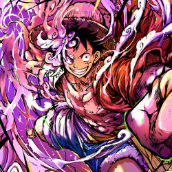  1boy absurdres black_eyes black_hair blue_shorts denim denim_shorts gear_fifth hat heterochromia highres illustica_phantom jacket long_arms male_focus monkey_d._luffy multicolored_hair muscular muscular_male one_piece red_jacket shorts smile solo straw_hat stretched_limb transformation two-tone_hair violet_eyes white_hair 