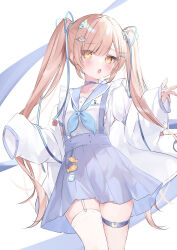  1girl :o asymmetrical_legwear blonde_hair blue_neckerchief blue_ribbon blue_sailor_collar blue_skirt blush breasts clothes_down collarbone commission cowboy_shot feet_out_of_frame garter_belt hair_ornament hair_ribbon hairclip hakua_aa hands_up highres indie_virtual_youtuber jacket long_hair long_sleeves looking_at_viewer minami_popol miniskirt neckerchief open_clothes open_jacket open_mouth outstretched_arms pleated_skirt ribbon sailor_collar shirt simple_background single_thighhigh skeb_commission skirt sleeves_past_fingers sleeves_past_wrists small_breasts solo spread_arms spread_fingers standing suspender_skirt suspenders thigh-highs thigh_strap tsurime twintails uneven_legwear very_long_hair virtual_youtuber w_arms white_background white_jacket white_shirt white_thighhighs yellow_eyes 