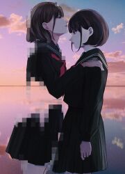  22enose22 2girls black_eyes black_hair black_sailor_collar black_serafuku black_shirt black_skirt closed_mouth clouds digital_dissolve expressionless eyelashes facing_another from_side gradient_sky hand_on_another&#039;s_shoulder highres long_sleeves looking_at_another medium_bangs multiple_girls neckerchief original pleated_skirt red_neckerchief reflection reflective_water sailor_collar school_uniform serafuku shirt short_hair skirt sky smile surreal twilight 