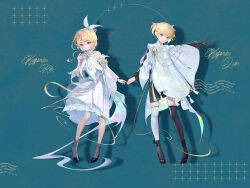  1boy 1girl absurdres ankle_boots aqua_background asymmetrical_legwear bare_shoulders black_footwear black_gloves blonde_hair blue_eyes boots character_name circle cloak closed_mouth collar collared_cloak collared_dress commentary_request detached_sleeves dress drop_shadow earrings flower frilled_collar frilled_dress frills full_body gloves hair_ornament hairclip hand_up highres jewelry jie_xiaoming kagamine_len kagamine_rin light_smile long_sleeves looking_at_viewer mismatched_legwear over-kneehighs parted_lips rose shoes short_ponytail single_glove sleeveless sleeveless_dress standing tassel thigh-highs vocaloid white_cloak white_dress white_flower white_rose white_sleeves wide_sleeves 