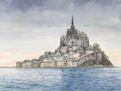  atelier_bono church fortress france highres island mont-saint-michel no_humans ocean original overcast painting_(medium) real_world_location sky traditional_media watercolor_(medium) 