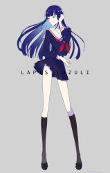  1other alternate_costume black_footwear black_socks blue_eyes blue_serafuku blue_shirt blue_skirt clothes_lift collarbone full_body hand_in_own_hair hand_up highres houseki_no_kuni kneehighs kuro_no_suke_(kurotu962kurotu) long_hair looking_at_viewer neckerchief other_focus parted_bangs pleated_skirt red_neckerchief sailor_collar school_uniform serafuku shirt skirt skirt_lift socks solo standing white_sailor_collar 