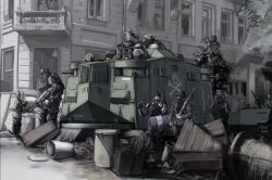  6+boys a7v_(tank) anachronism armor barricade body_armor dieselpunk gun highres kuromori_(1010845110) machine_gun mg42 military_vehicle motor_vehicle multiple_boys original road street tank vehicle_focus weapon 