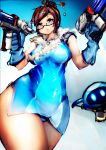  1girl absurdres bare_shoulders blue_gloves blue_panties breasts brown_eyes brown_hair china_dress chinese_clothes dress female from_below glasses gloves gun hair_bun hair_ornament lapaco large_breasts mei_(overwatch) miniskirt overwatch panties pantyshot skirt solo standing striped striped_panties thighs underwear upskirt weapon wide_hips 