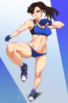  1girl alternate_costume alternate_hairstyle bare_legs breasts brown_hair buruma capcom chun-li female gym_clothes large_breasts legs smile solo street_fighter 