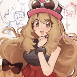  1boy 1girl blonde_hair bow calem_(pokemon) croissant eyelashes eyewear_on_headwear food hair_bow highres jacket kairubyz mega_ring open_mouth pokemon pokemon_xy red_skirt serena_(pokemon) shirt skirt sleeveless sleeveless_duster sleeveless_shirt sunglasses turtleneck turtleneck_jacket white-framed_eyewear 