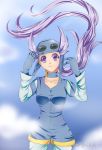  1girl breasts choker clouds gloves goggles goggles_on_head gym_leader long_hair melody-musique nagi_(pokemon) pokemon pokemon_(game) pokemon_rse purple_hair purples_eyes sky smile solo 