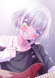  1girl bang_dream! bang_dream!_it&#039;s_mygo!!!!! black_shirt blue_eyes blush bra_strap clenched_teeth commentary_request electric_guitar guitar heterochromia highres holding holding_plectrum instrument kaname_raana layered_sleeves long_sleeves open_mouth plectrum shirt short_hair short_over_long_sleeves short_sleeves sidelocks single_off_shoulder sleeves_past_wrists solo sukenine sweat teeth upper_body white_hair white_shirt yellow_eyes 