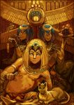  1boy 2girls ancient_egypt animal cat dark_skin drink egyptian food grapes ki-ei multiple_girls original pharaoh twins 