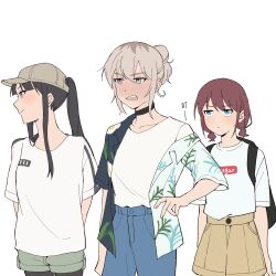  absurdres awa_subaru backpack bag baseball_cap black_bag black_choker black_pantyhose blue_eyes blue_pants blush brown_hair brown_shorts chinese_text choker closed_mouth collarbone commentary earclip girls_band_cry grey_eyes grey_hair grey_shorts hair_between_eyes hair_bun hashtag-only_commentary hat highres iseri_nina jacket kawaragi_momoka long_hair low_twintails open_clothes open_jacket open_mouth pants pantyhose pantyhose_under_shorts ponytail r_bishh shirt shirt_tucked_in short_hair short_twintails shorts sidelocks simple_background single_hair_bun single_off_shoulder sweat teeth translation_request twintails upper_teeth_only violet_eyes white_background white_shirt 