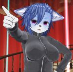  1girl 3d artist_request blue_hair breasts copyright_request female fox furry indoors open_mouth red_eyes short_hair solo upper_body 