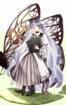  1girl blue_eyes blue_hair boots bow butterfly dated dress ginaliy hair_bow hand_on_own_cheek long_hair one_eye_closed original sitting solo very_long_hair 