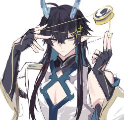  1boy ahoge aqua_eyes aqua_hair aqua_horns artist_name black_gloves black_hair chinese_clothes cleavage_cutout closed_mouth clothing_cutout commentary_request dan_heng_(honkai:_star_rail) dan_heng_(imbibitor_lunae)_(honkai:_star_rail) detached_sleeves dragon_horns elbow_gloves eyeliner fingerless_gloves gloves hair_between_eyes hands_up honkai:_star_rail honkai_(series) horns long_hair long_sleeves looking_at_viewer makeup male_focus mandarin_collar mogi_(green_tea_planet) multicolored_hair pectoral_cleavage pectorals pointy_ears red_eyeliner shirt sidelocks signature simple_background single_bare_shoulder sleeveless sleeveless_shirt solo sparkle upper_body white_background white_shirt wide_sleeves yo-yo 