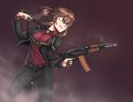  ak-74 assault_rifle belt brown_hair female gun original shino_(r_shughart) solo suit weapon 