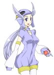  1girl blue_eyes breasts chocker choker collar gym_leader helmet holding_poke_ball nagi_(pokemon) open_mouth poke_ball pokemon pokemon_(game) pokemon_rse silver_hair 