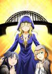  3girls amelie_planchard black_hair blonde_hair blue_eyes bridge cleavage closed_eyes glasses green_eyes hattori_shizuka hood multiple_girls necklace open_mouth orange_hair perrine_h_clostermann praying steed_(steed_enterprise) strike_witches world_witches_series 